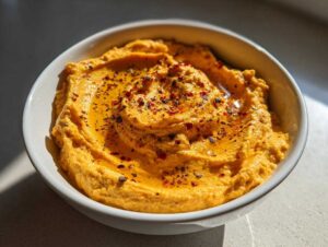 Close-up of creamy Pumpkin Whipped Feta Dip in a white bowl, drizzled with oil and sprinkled with red pepper flakes.