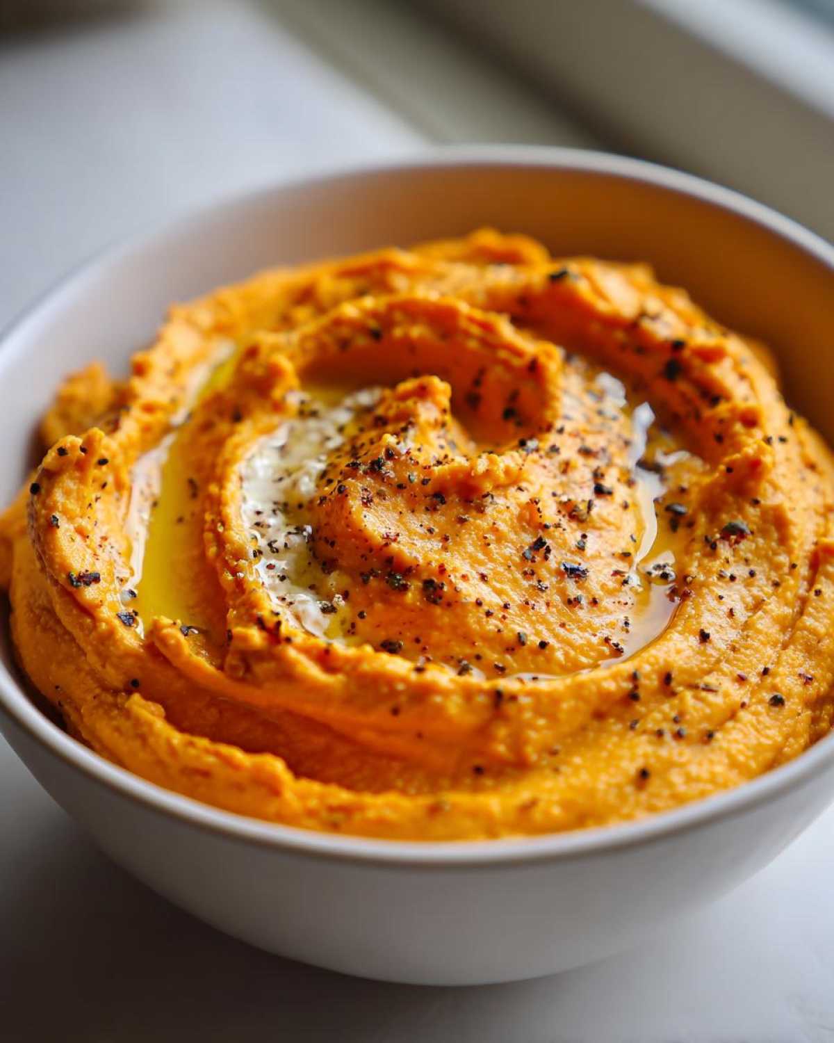 Close-up of creamy pumpkin whipped feta dip drizzled with olive oil and sprinkled with black pepper.