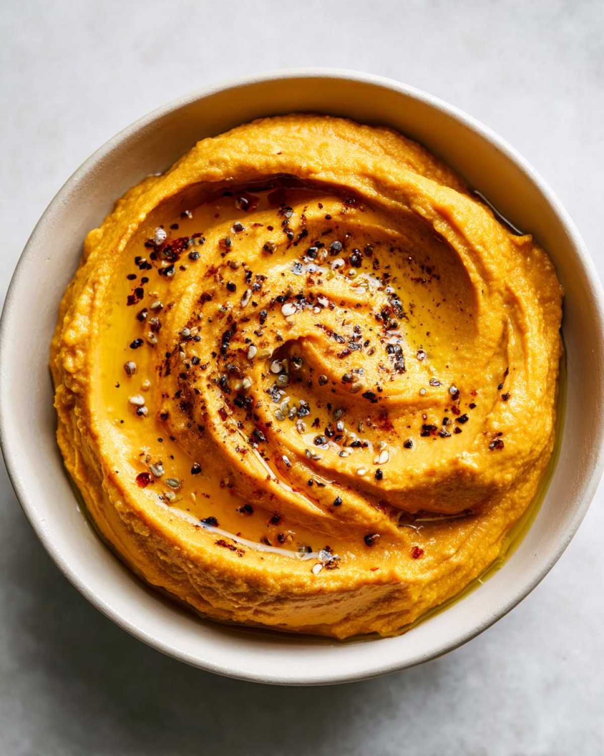 A swirl of creamy pumpkin whipped feta dip in a bowl, topped with olive oil and cracked pepper.