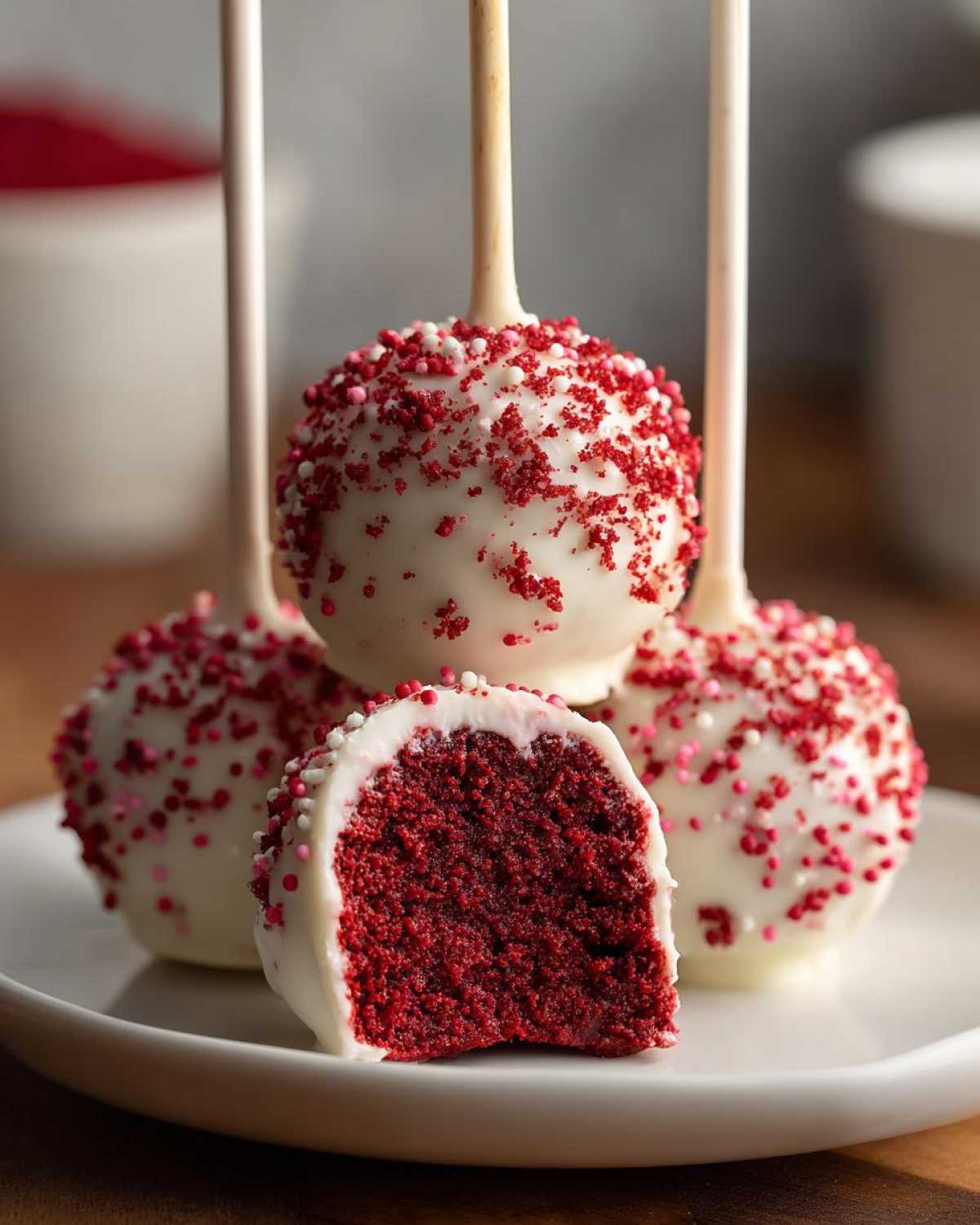 A close-up of red velvet cake pops dipped in white chocolate and red sprinkles, one cut in half showing the moist interior.