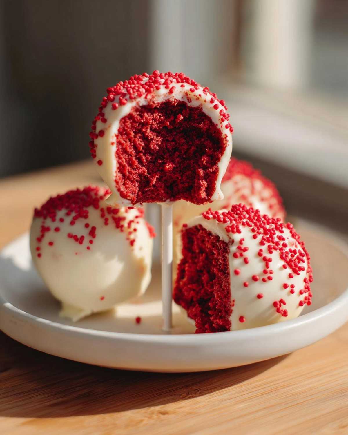 Close-up of red velvet cake pops dipped in white chocolate and covered in red sprinkles, one is bitten open.
