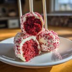 Close-up of several red velvet cake pops dipped in white chocolate and covered in red and white sprinkles, one is cut open.
