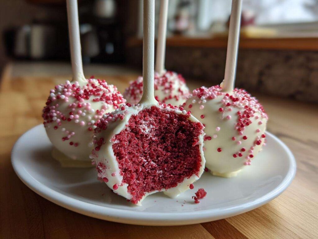 Four red velvet cake pops on sticks, one cut open to show the rich red interior, coated in white chocolate and pink sprinkles.
