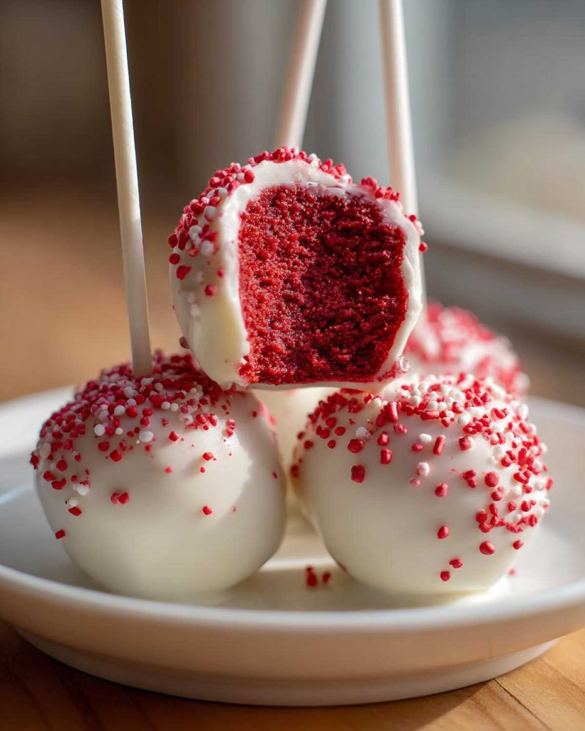 Close-up of several red velvet cake pops dipped in white chocolate and covered in red and white sprinkles, one is cut open.