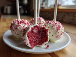 Four red velvet cake pops on sticks, one cut open to show the rich red interior, coated in white chocolate and pink sprinkles.