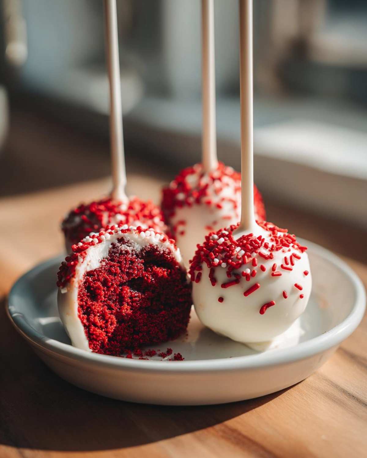 Close-up of red velvet cake pops dipped in white chocolate and covered in red and white sprinkles.