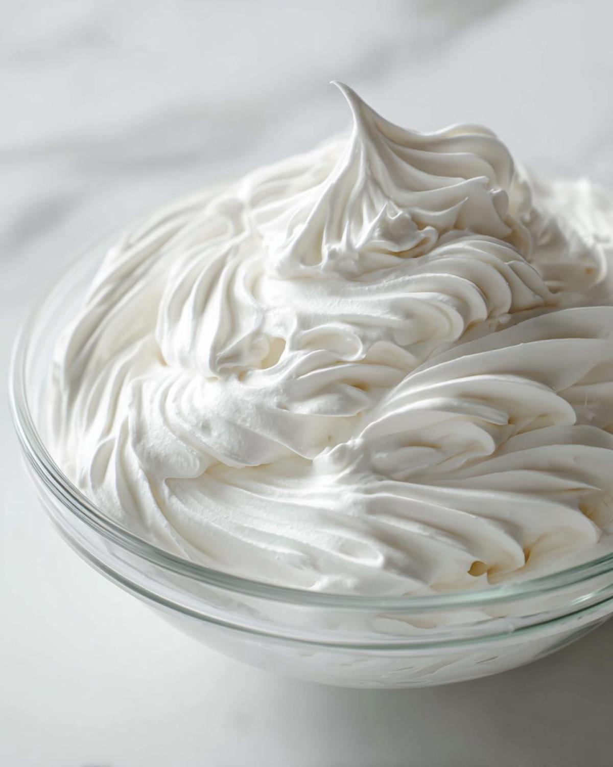 A glass bowl filled with perfectly stiff, bright white royal icing recipe mixture, showing defined peaks.