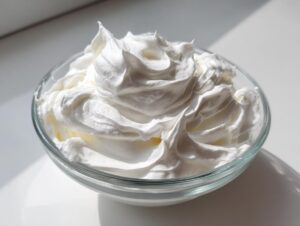 Close-up of stiff, glossy white royal icing recipe mixture swirled high in a clear glass bowl.