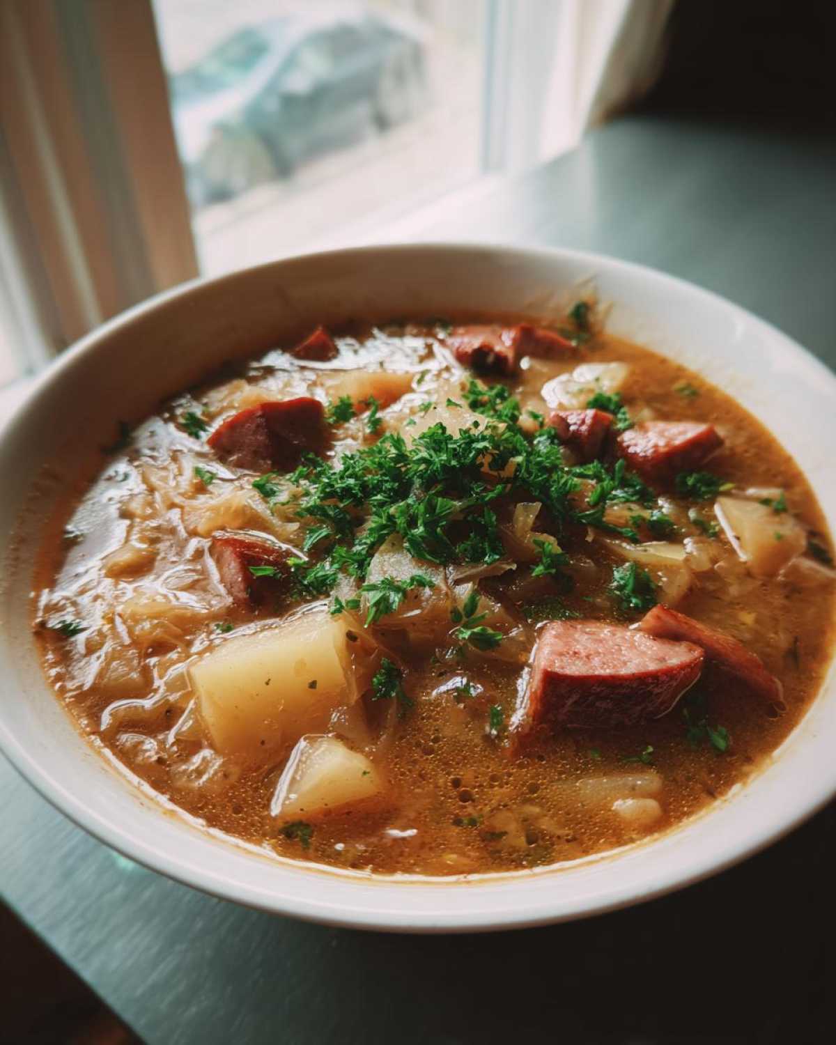 A close-up of a steaming bowl of sauerkraut soup featuring chunks of potato and smoked sausage, topped with fresh parsley.