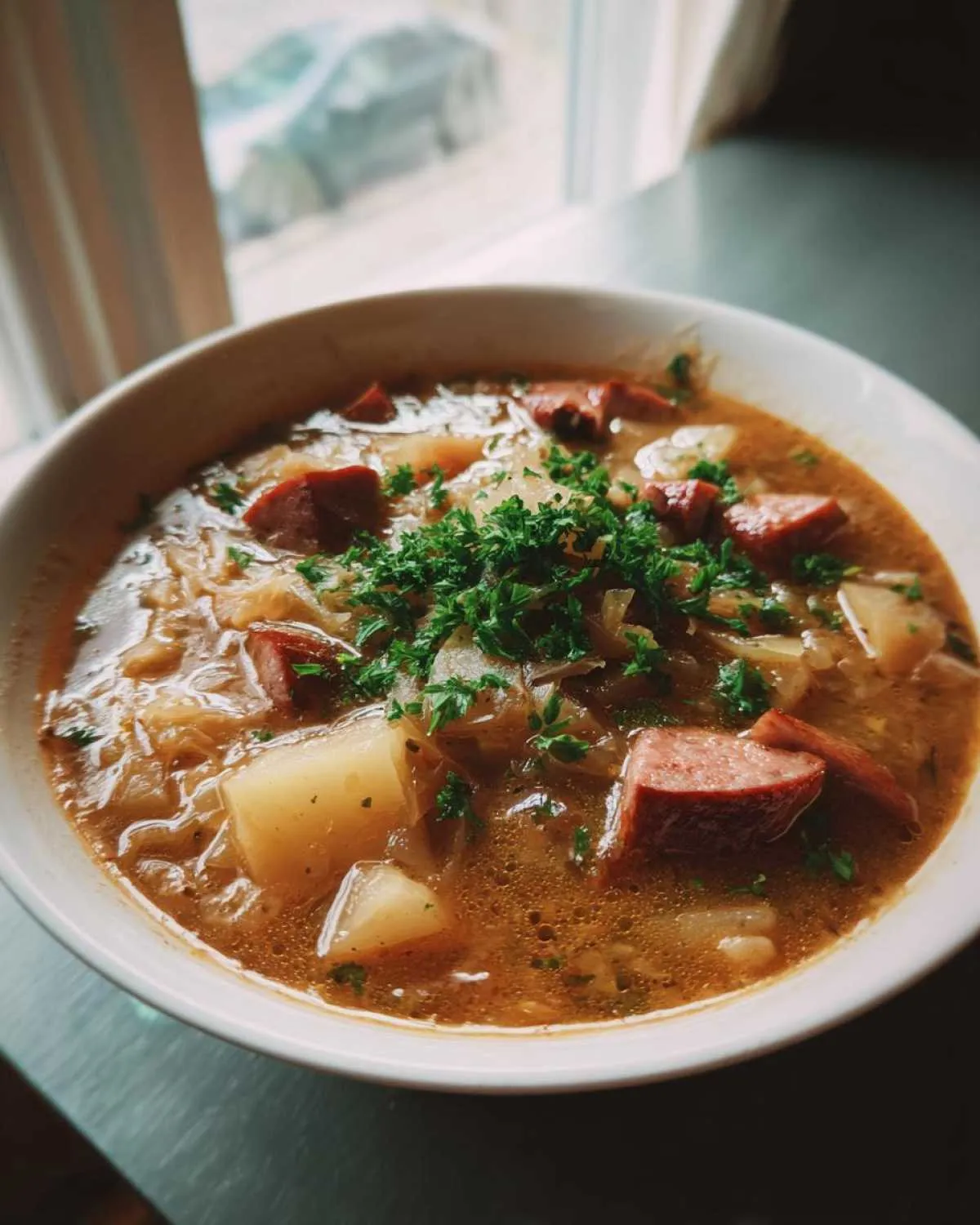 A close-up of a steaming bowl of sauerkraut soup featuring chunks of potato and smoked sausage, topped with fresh parsley.