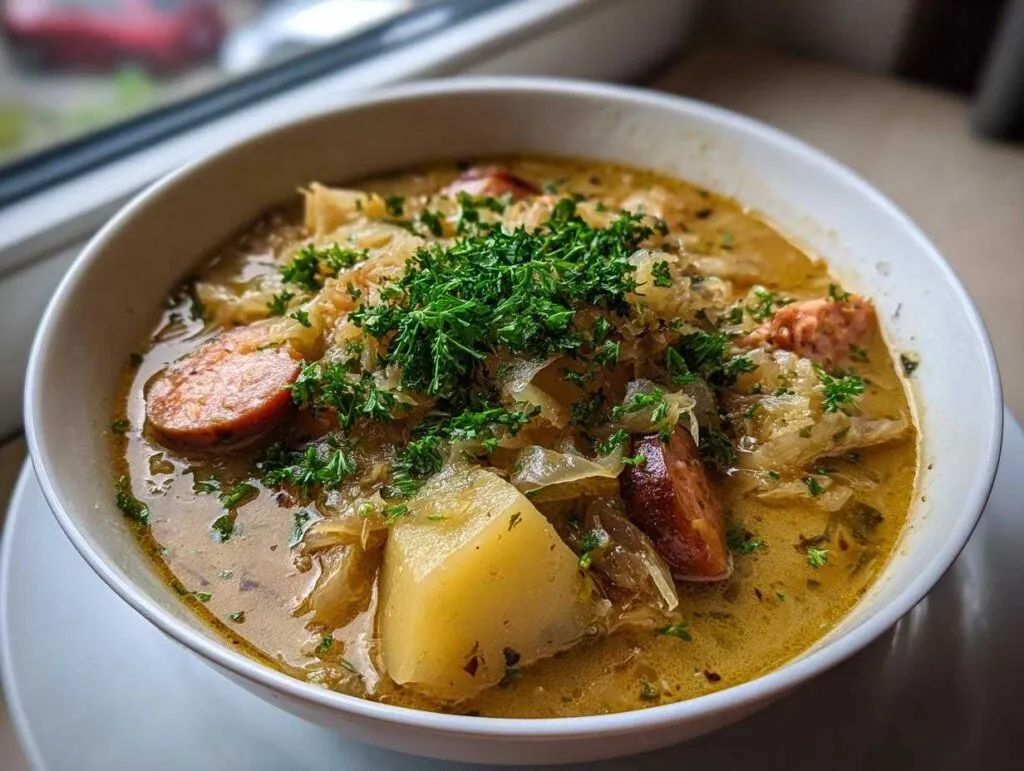 A close-up view of a steaming bowl of rich sauerkraut soup, featuring slices of smoked sausage, potatoes, and topped with fresh parsley.
