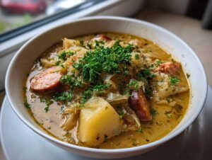 A close-up view of a steaming bowl of rich sauerkraut soup, featuring slices of smoked sausage, potatoes, and topped with fresh parsley.