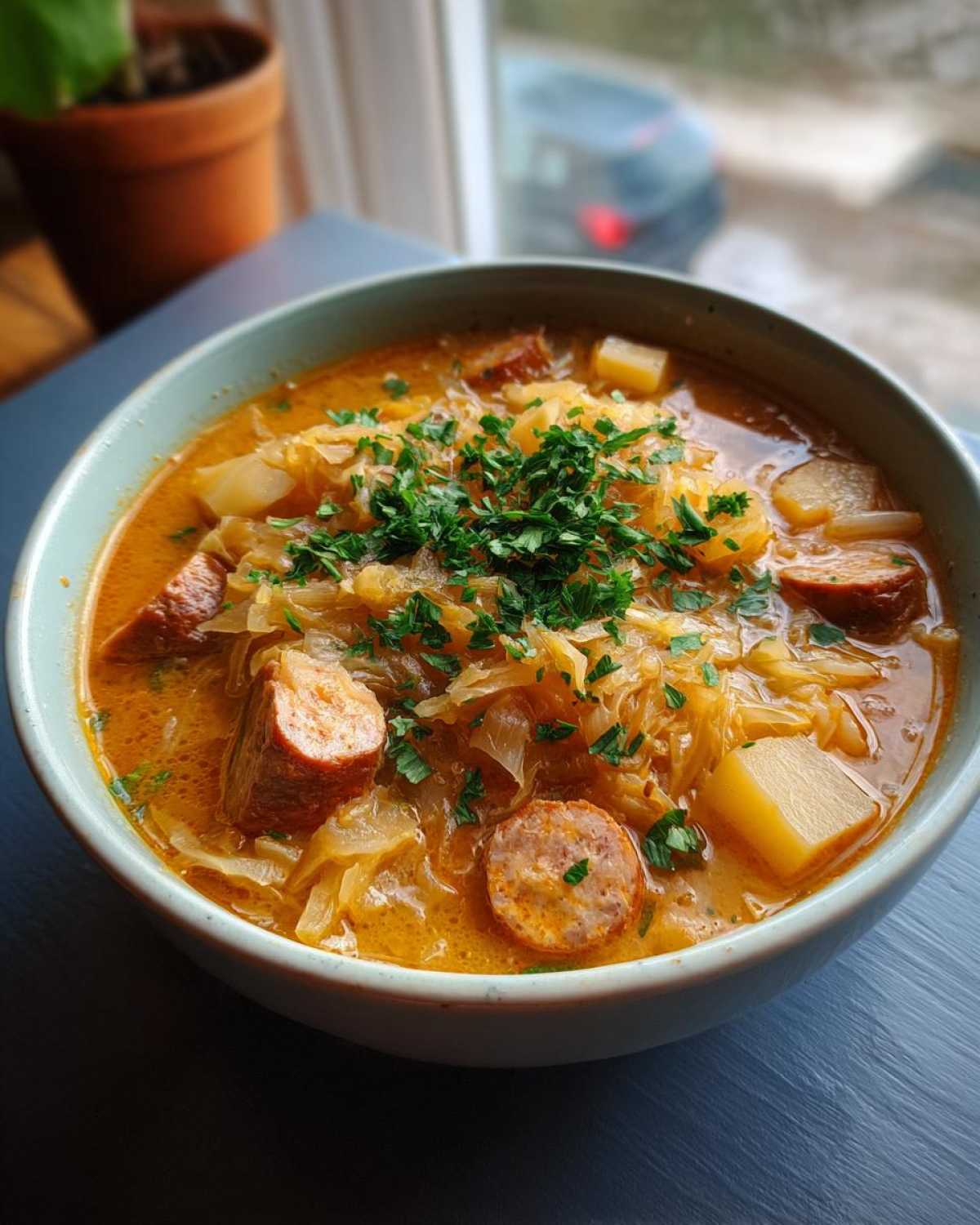 A close-up of a bowl of creamy sauerkraut soup filled with sliced sausage, potatoes, and topped with fresh parsley.