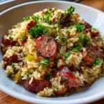 Close-up of a hearty bowl of sausage and rice mixed with vegetables and topped with fresh parsley.