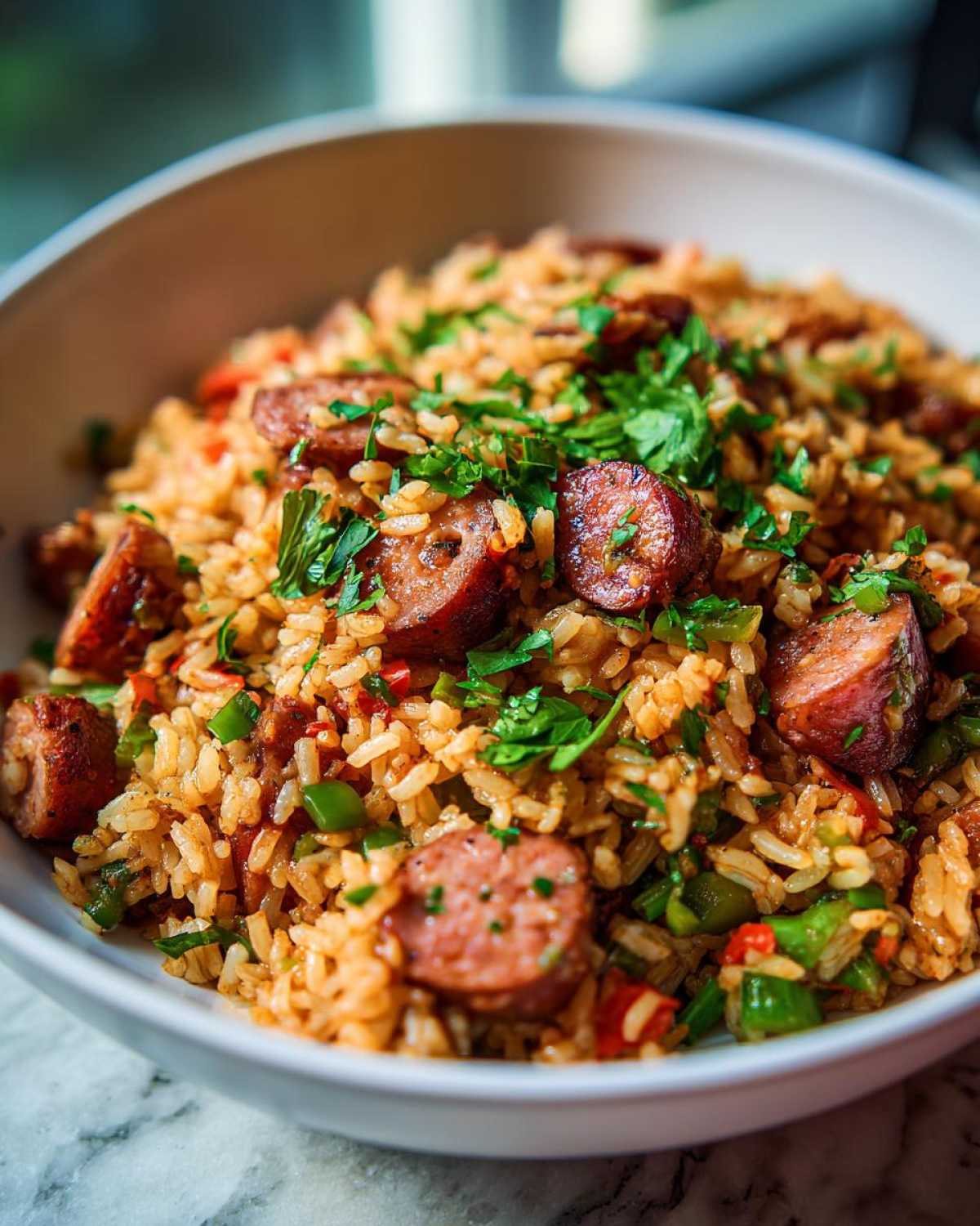 Close-up of a bowl filled with flavorful sausage and rice mixed with green peppers and topped with fresh parsley.