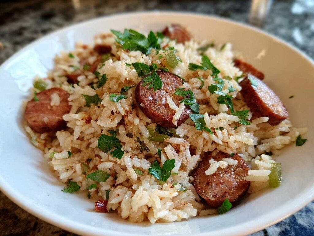 Close-up of a white bowl filled with savory sausage and rice, garnished with fresh parsley.