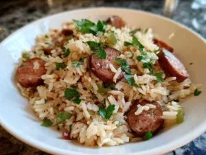 Close-up of a white bowl filled with savory sausage and rice, garnished with fresh parsley.