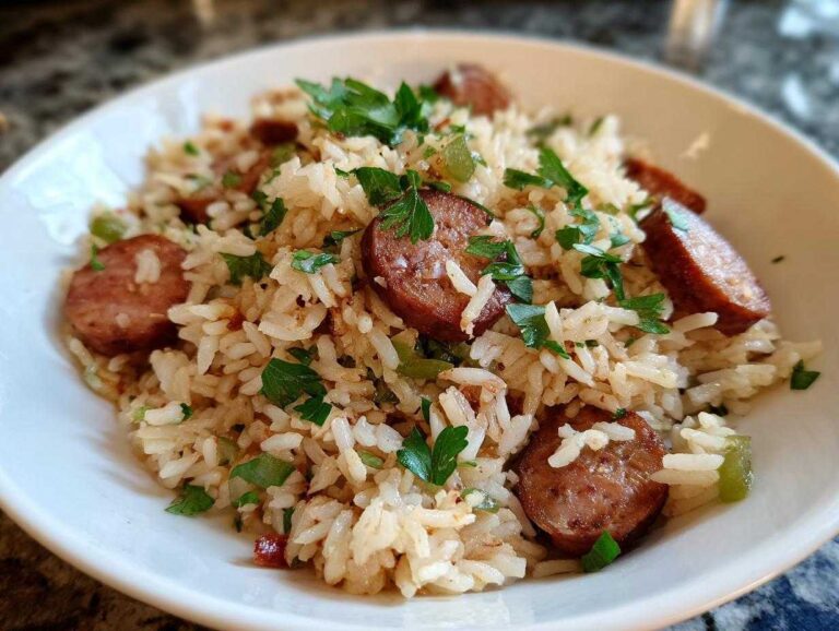 Close-up of a white bowl filled with savory sausage and rice, garnished with fresh parsley.