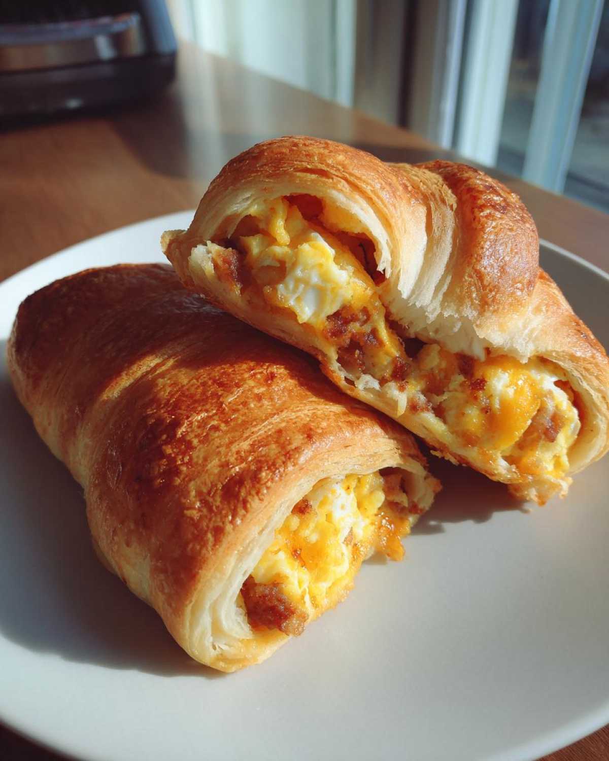 Close-up of two sausage egg breakfast roll ups on a white plate, one cut in half showing scrambled eggs and sausage.