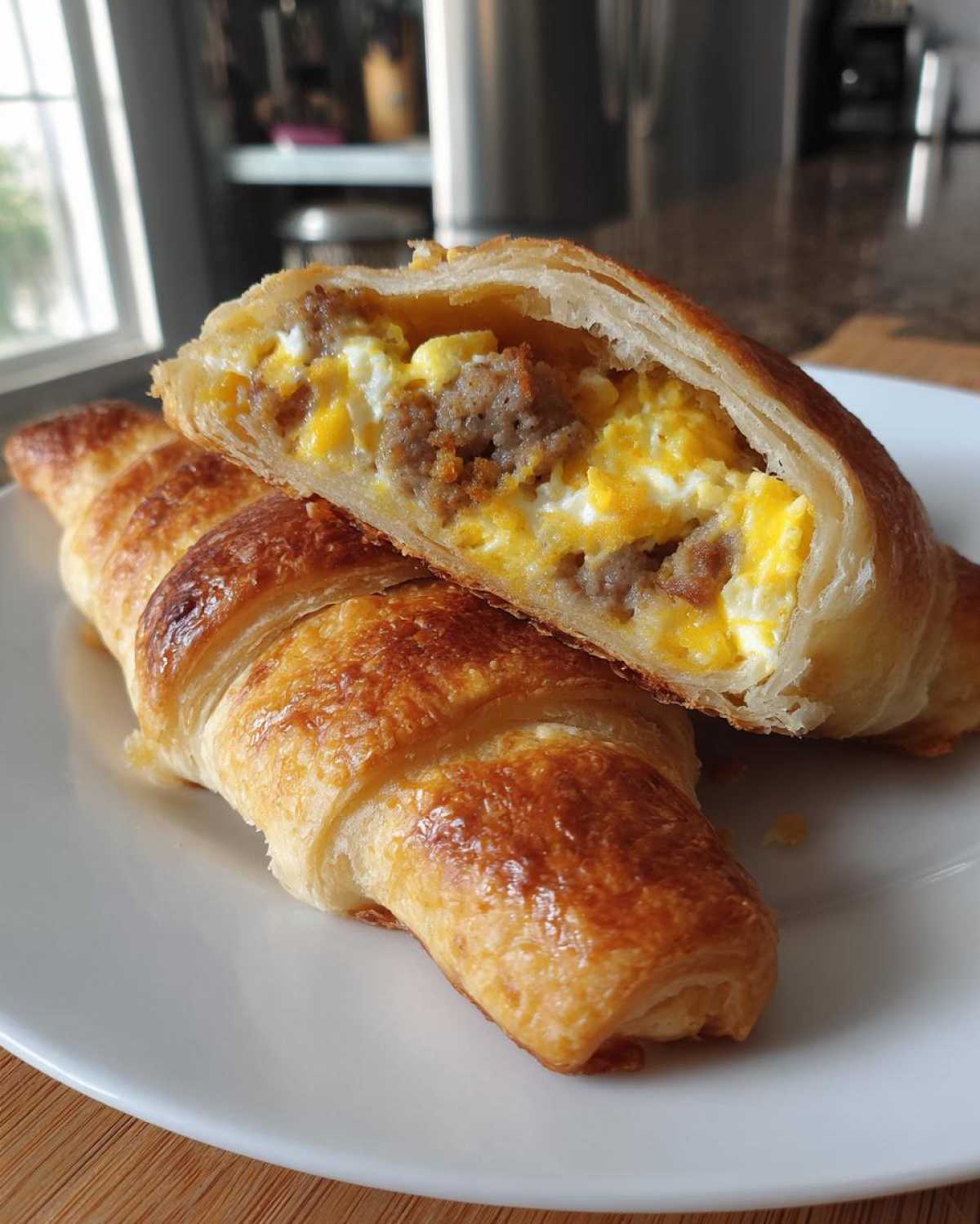 A close-up of a sausage egg breakfast roll up, cut in half to show the fluffy scrambled eggs and savory sausage filling inside a golden croissant.