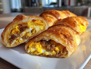 Close-up of sausage egg breakfast roll ups, one cut in half to show fluffy scrambled eggs and savory sausage inside a golden croissant.