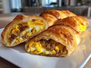 Close-up of sausage egg breakfast roll ups, one cut in half to show fluffy scrambled eggs and savory sausage inside a golden croissant.
