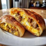 Close-up of two halves of a sausage egg breakfast roll up, showing fluffy scrambled eggs, crumbled sausage, and melted cheese inside golden pastry.