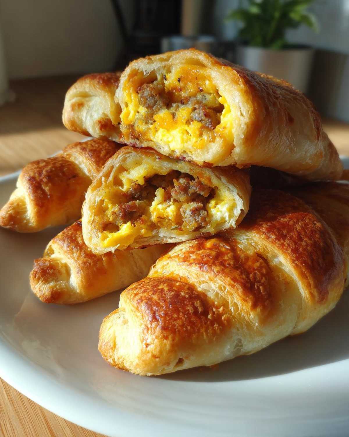 Close-up of golden-brown sausage egg breakfast roll ups, one cut open to show the savory filling.