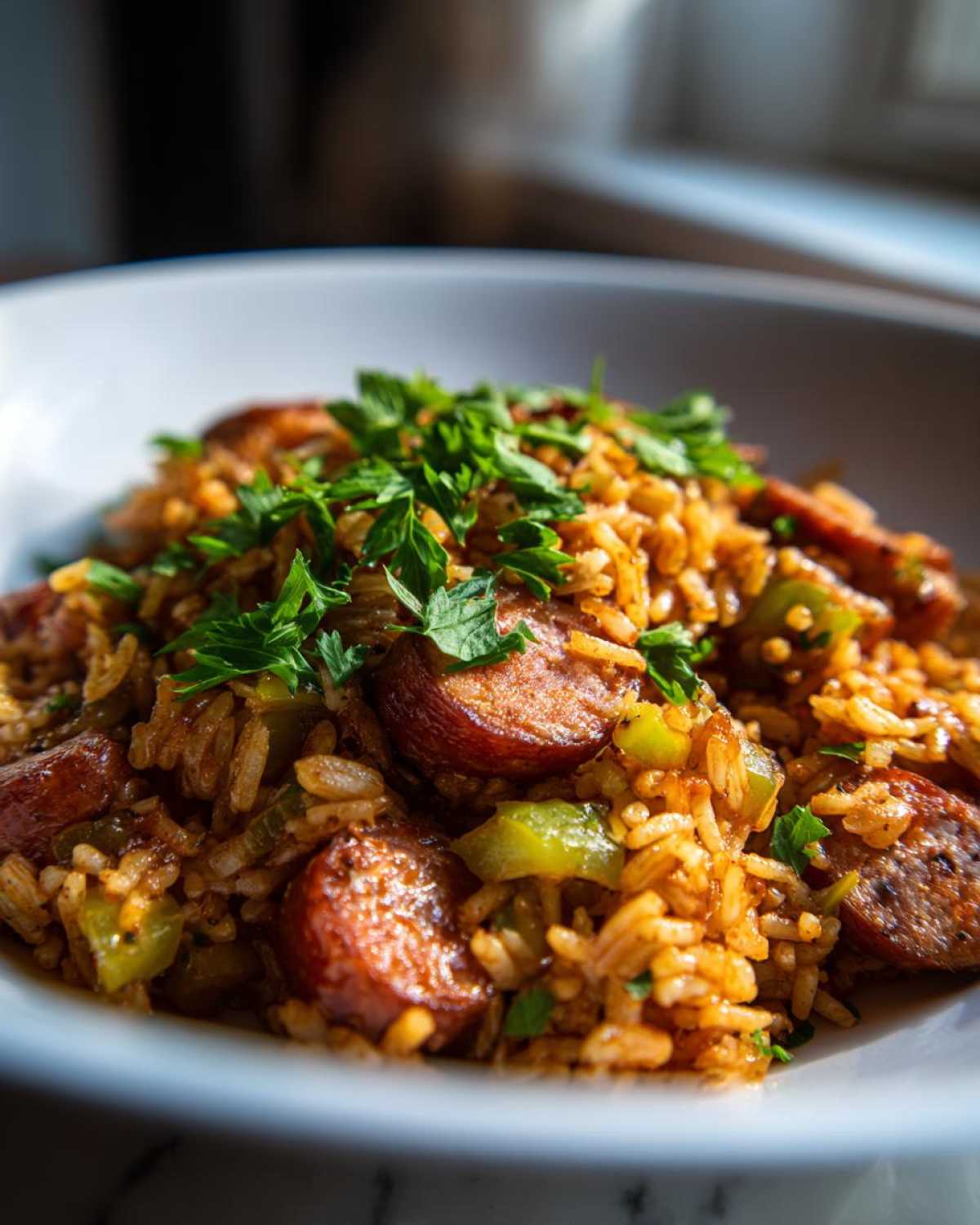 Close-up of a bowl of savory sausage and rice mixed with green peppers and topped with fresh parsley.