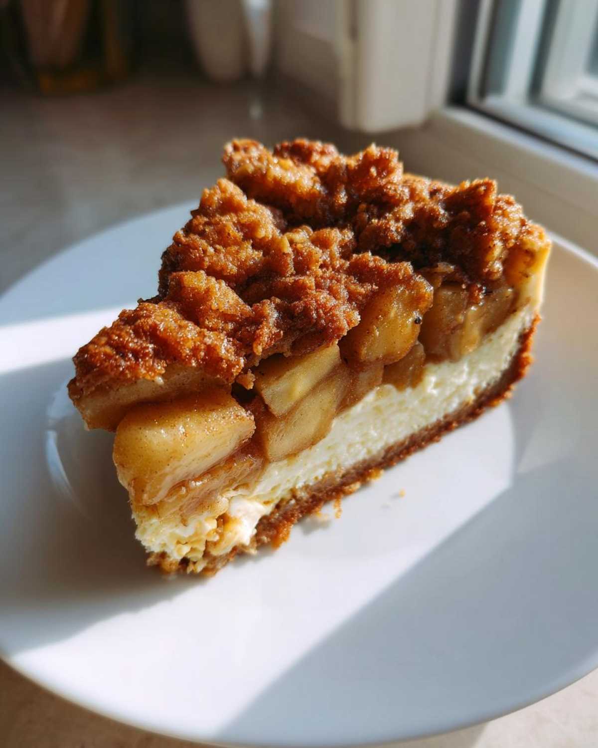 A close-up slice of apple pie cheesecake featuring a graham cracker crust, creamy cheesecake layer, spiced apples, and a brown sugar crumble topping.