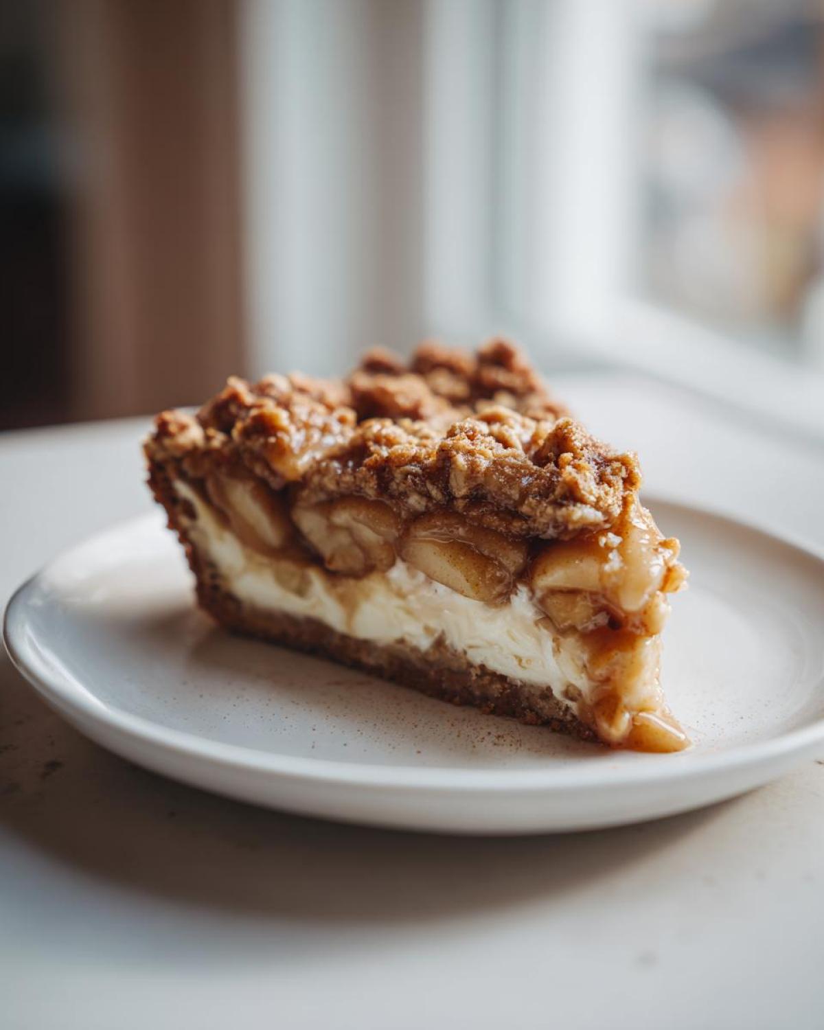 A decadent slice of apple pie cheesecake featuring a graham cracker crust, creamy filling, and spiced apple crumble topping.