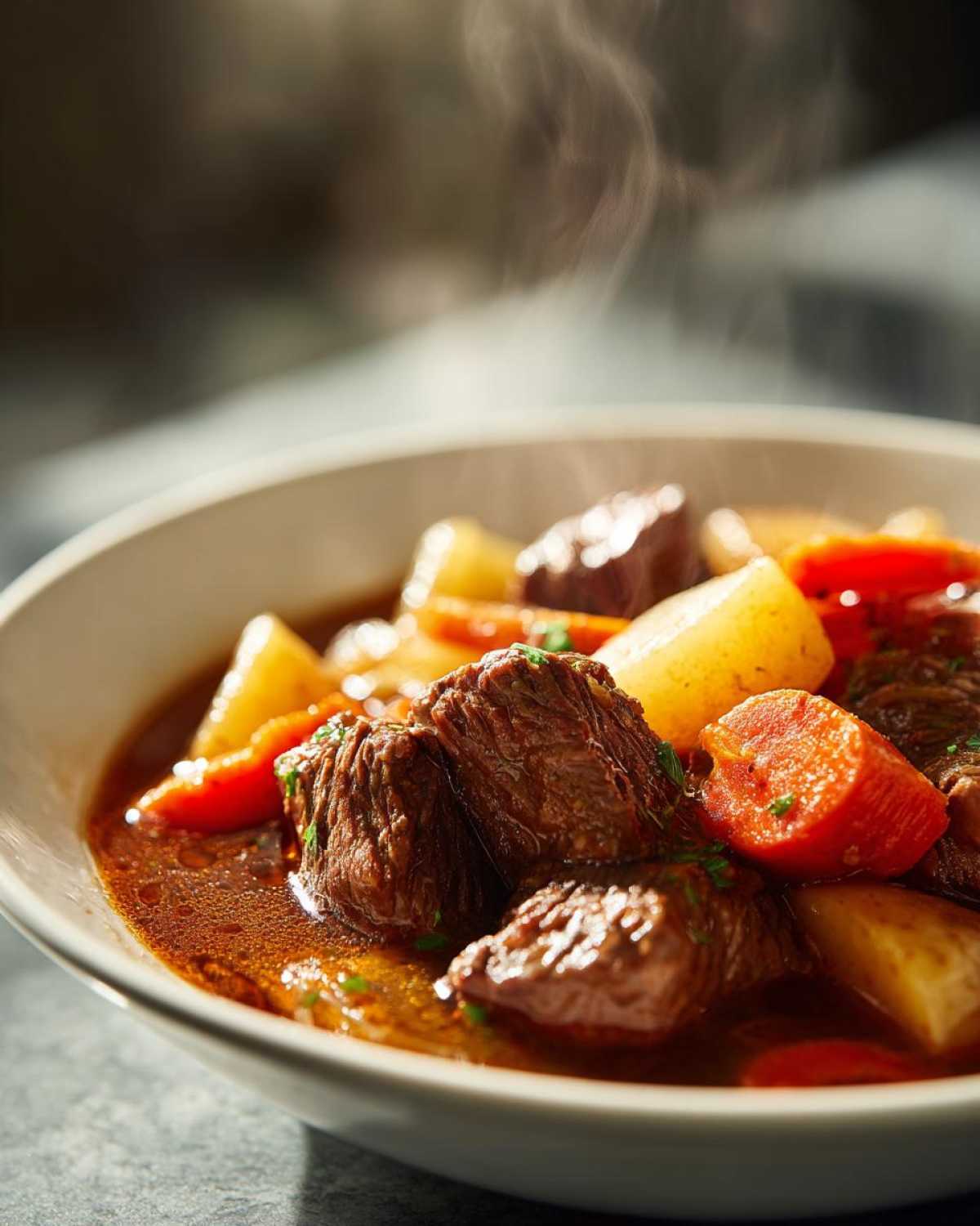 A close-up of a steaming bowl of slow cooker beef stew, featuring tender beef chunks, potatoes, and carrots.