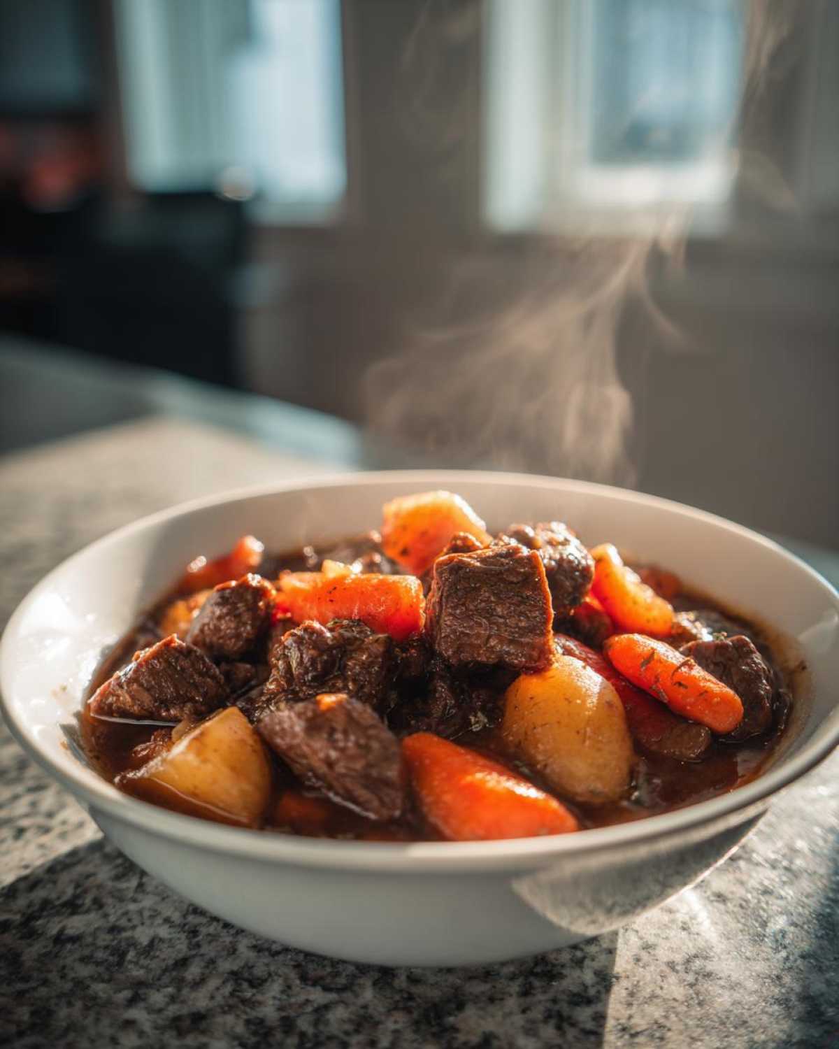 A steaming bowl of slow cooker beef stew with tender beef chunks, carrots, and potatoes.