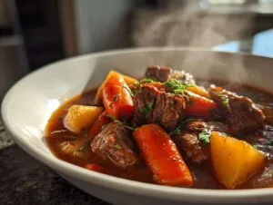 A steaming bowl of slow cooker beef stew, featuring tender chunks of beef, carrots, and potatoes, garnished with fresh parsley.