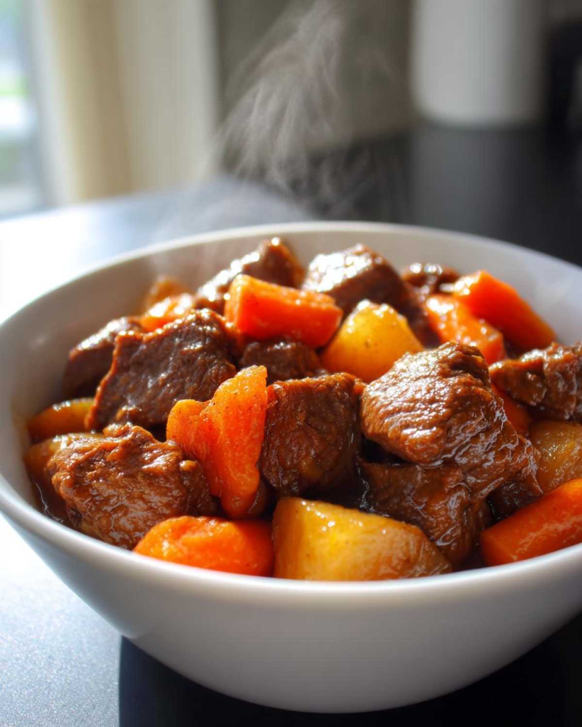 A close-up of a white bowl filled with steaming slow cooker beef stew, featuring tender beef chunks, carrots, and potatoes.