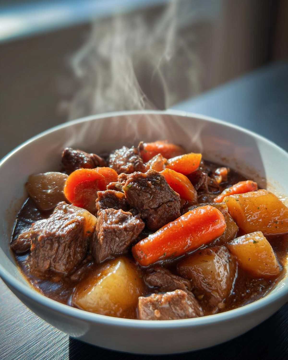 A bowl of hot, steaming slow cooker beef stew with tender chunks of beef, carrots, and potatoes.
