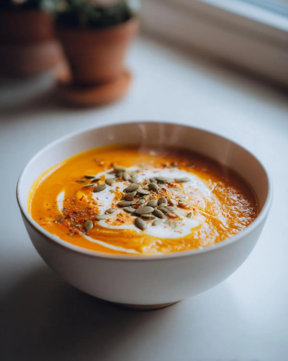 A bowl of creamy slow cooker pumpkin soup topped with swirls of cream, pumpkin seeds, and spices.