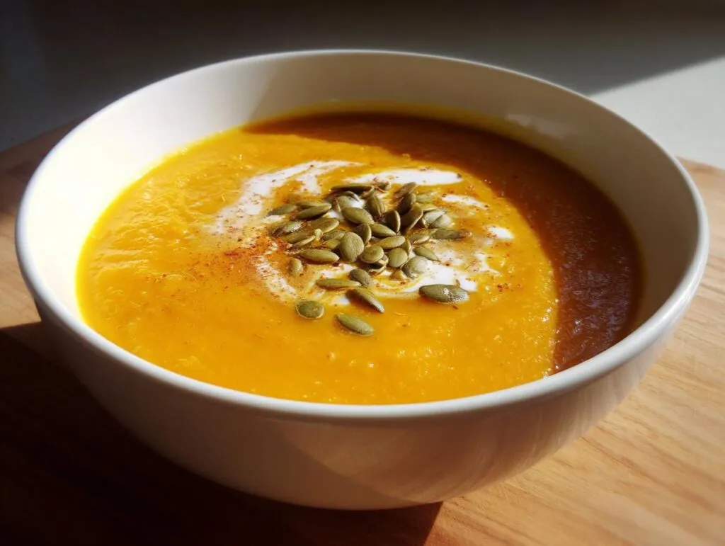 A bowl of creamy slow cooker pumpkin soup topped with pumpkin seeds and a swirl of cream.