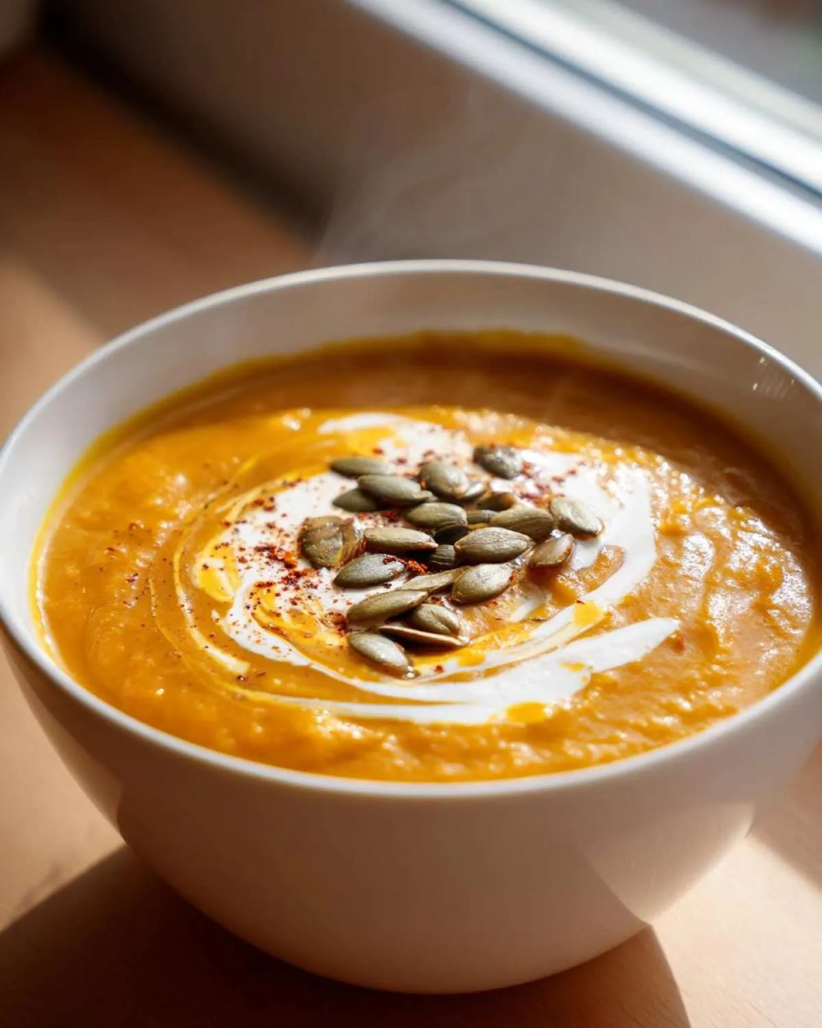 A steaming bowl of creamy slow cooker pumpkin soup, garnished with a swirl of cream, pumpkin seeds, and paprika.