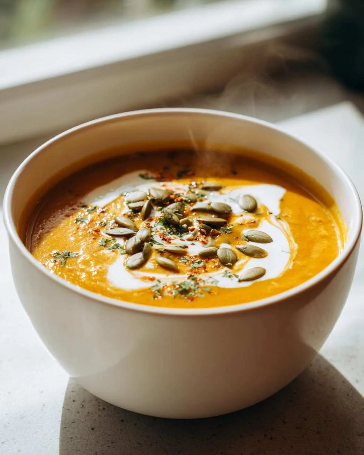 A steaming bowl of creamy slow cooker pumpkin soup, garnished with a swirl of cream, pumpkin seeds, and herbs.