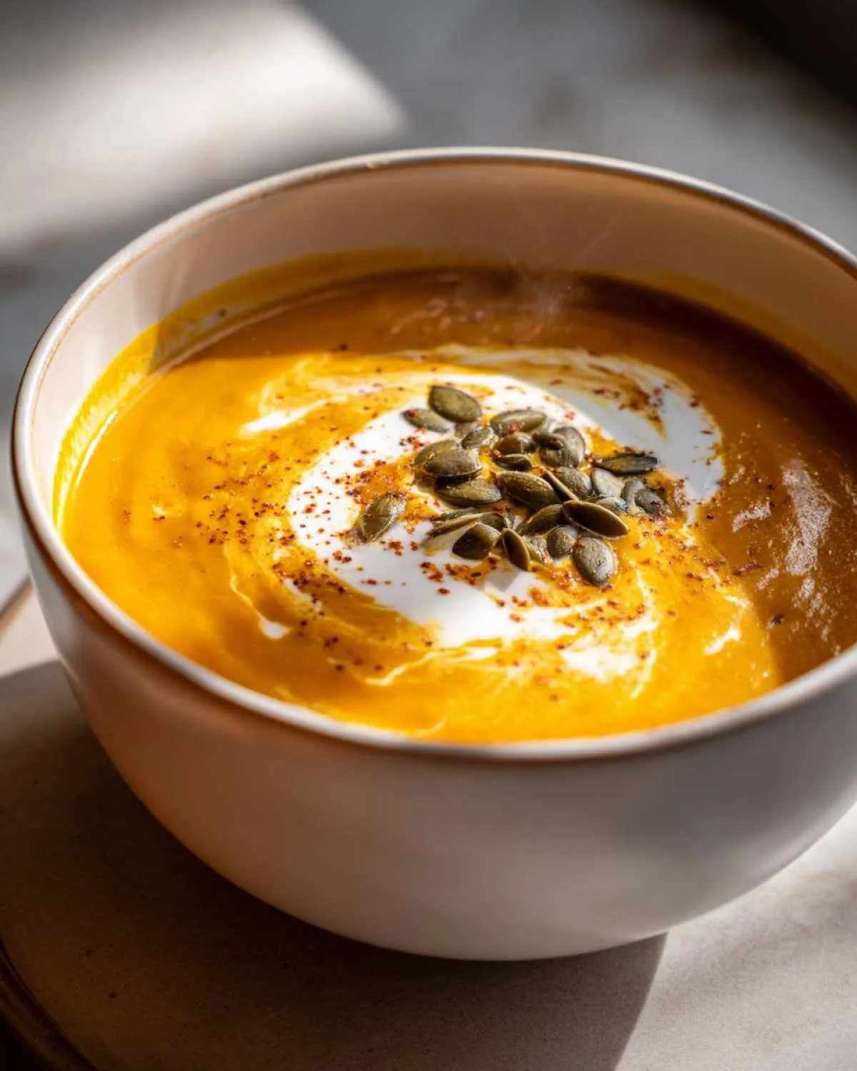 A close-up of a bowl of creamy slow cooker pumpkin soup, topped with a swirl of cream, pumpkin seeds, and spices.