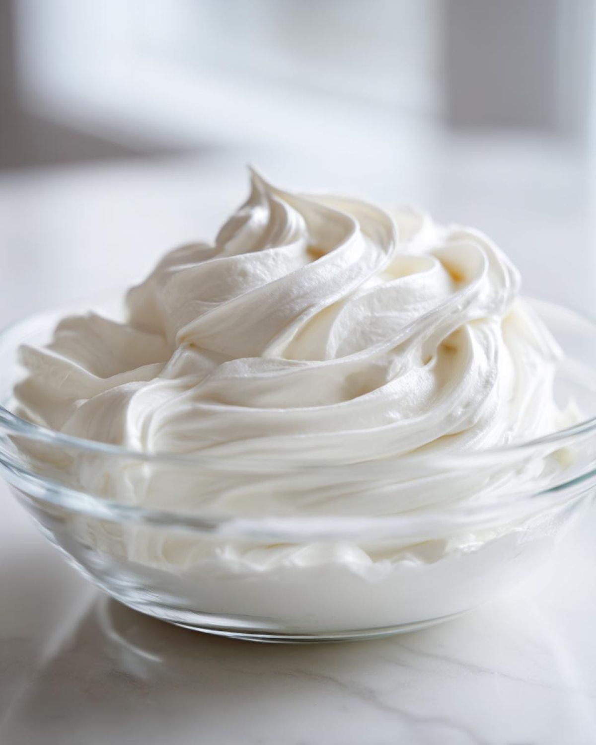Close-up of smooth, bright white royal icing recipe piped into a swirl in a clear glass bowl.