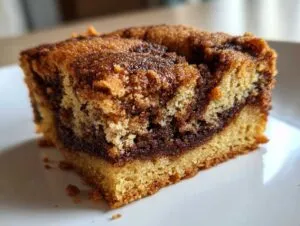 A close-up shot of a thick, moist square of snickerdoodle blondies featuring a prominent cinnamon swirl.