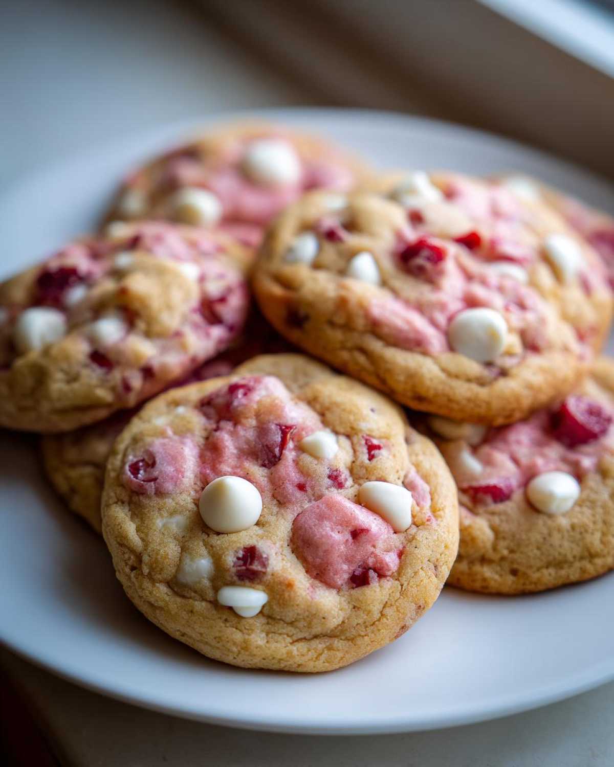 A close-up of several soft cherry chip cookies with white chocolate chips on a white plate.