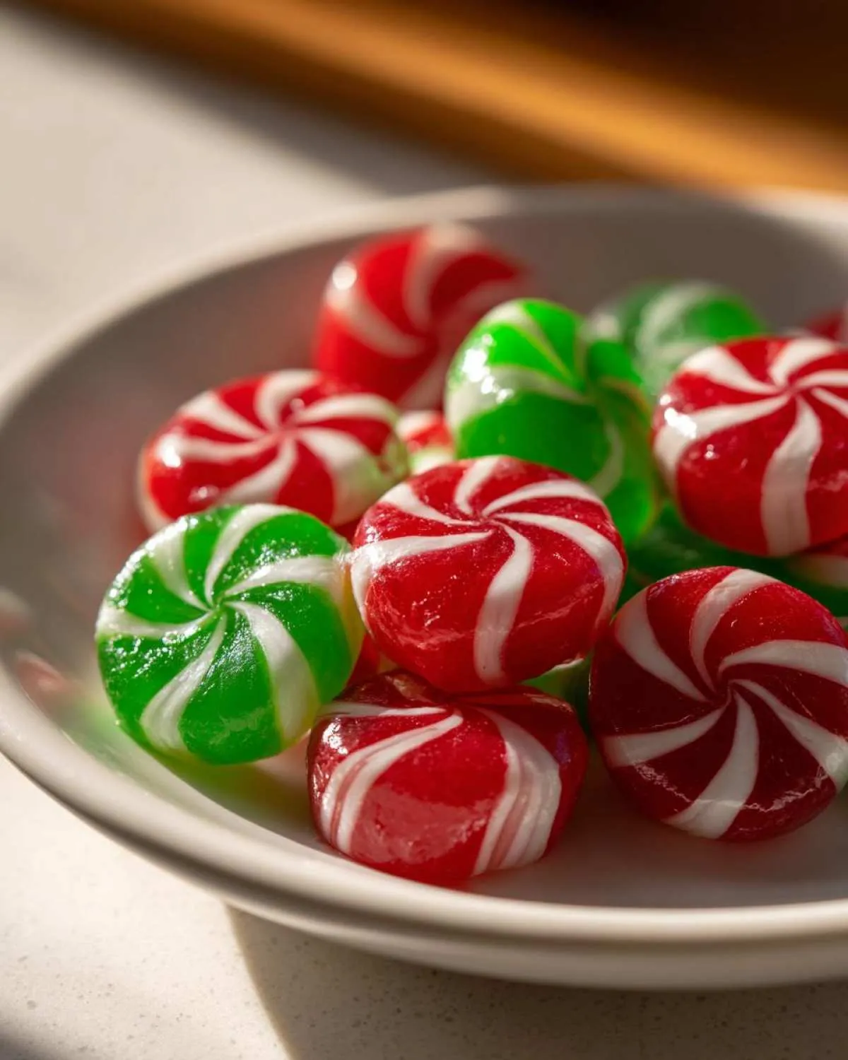 A close-up of red and green Soft Christmas peppermints piled in a white bowl.
