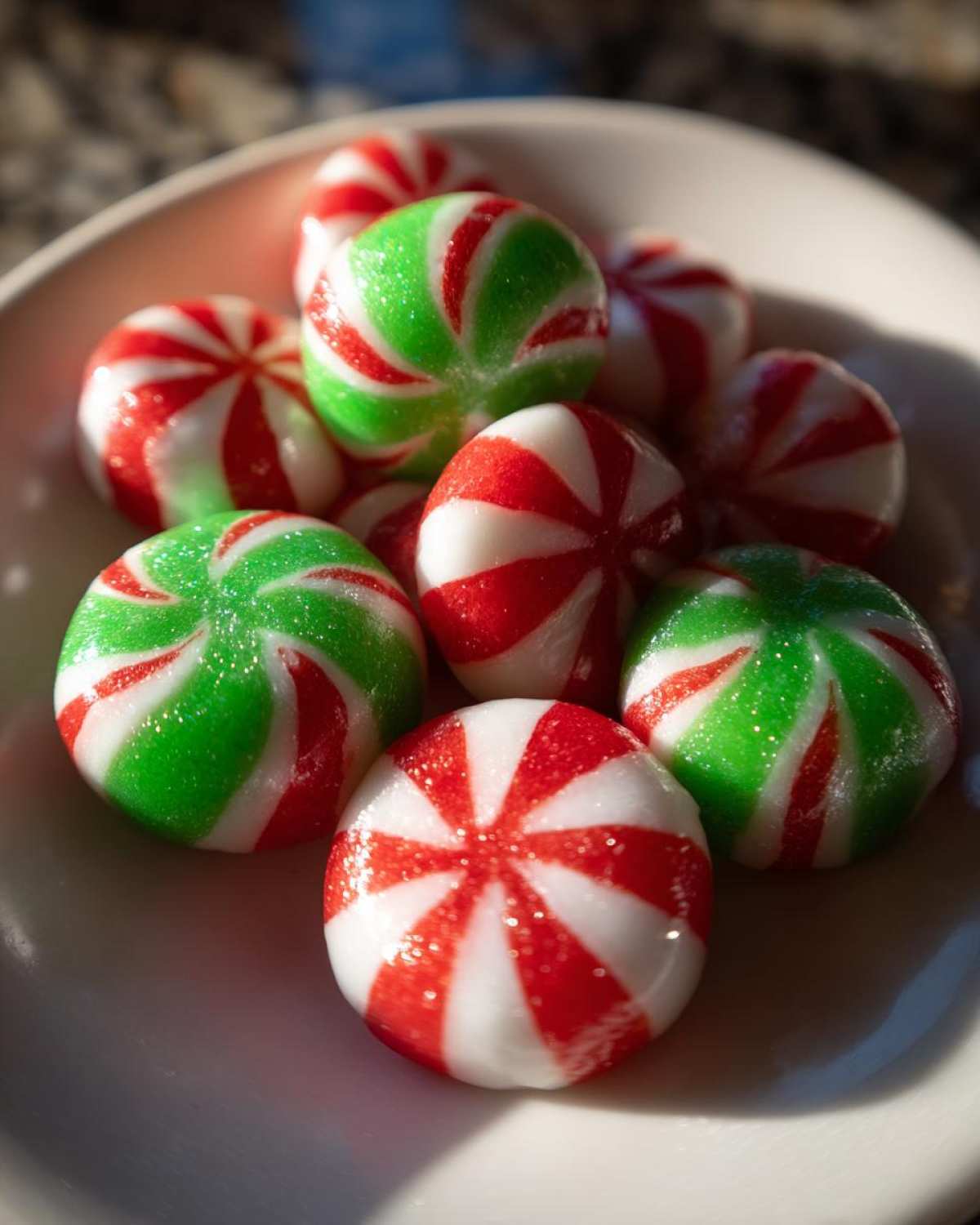 A pile of shiny, soft Christmas peppermints in red and white stripes and green and white stripes.
