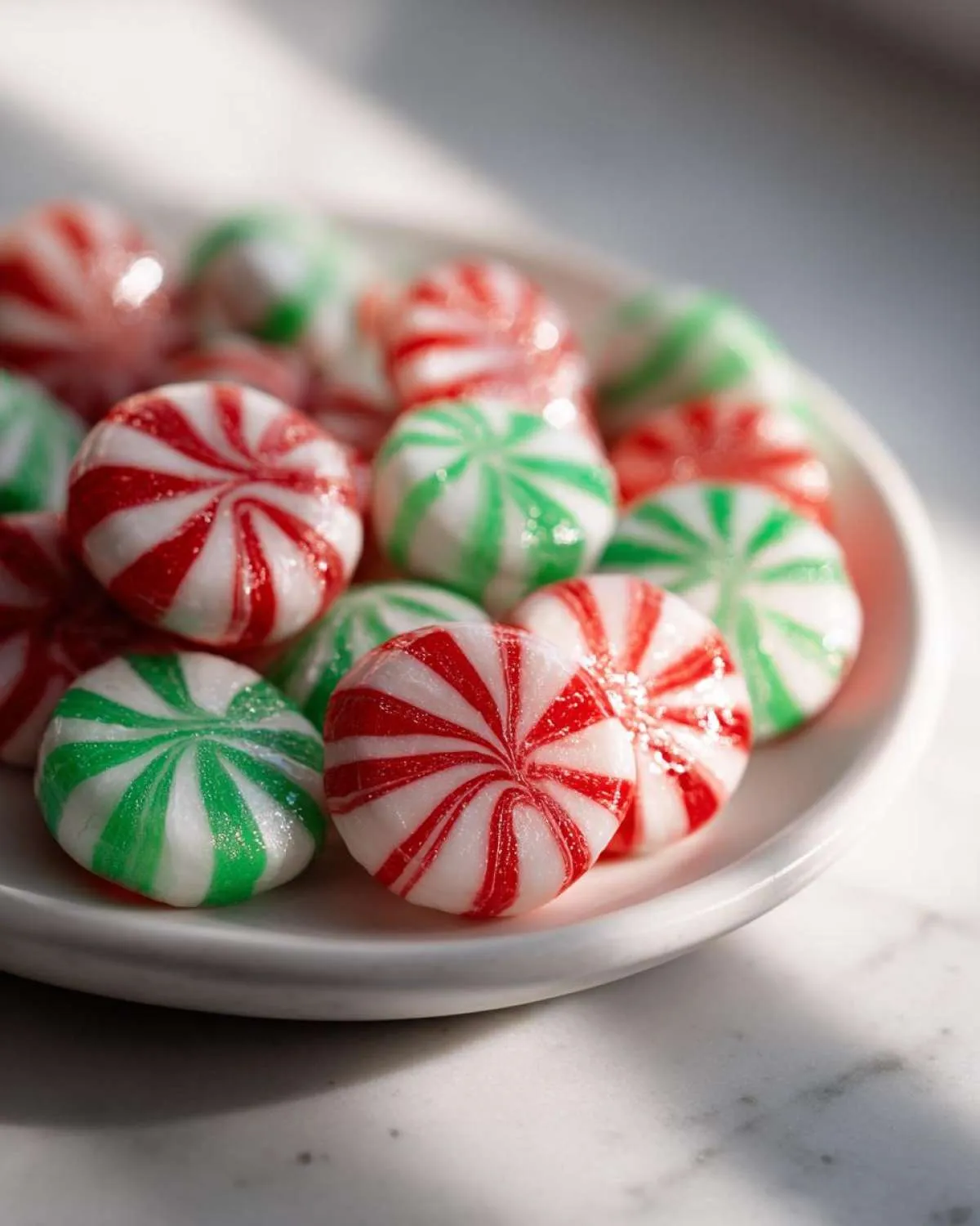 A close-up of a white plate filled with soft Christmas peppermints in red and green stripes.