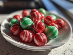 A close-up of red and green striped soft Christmas peppermints piled on a white plate.