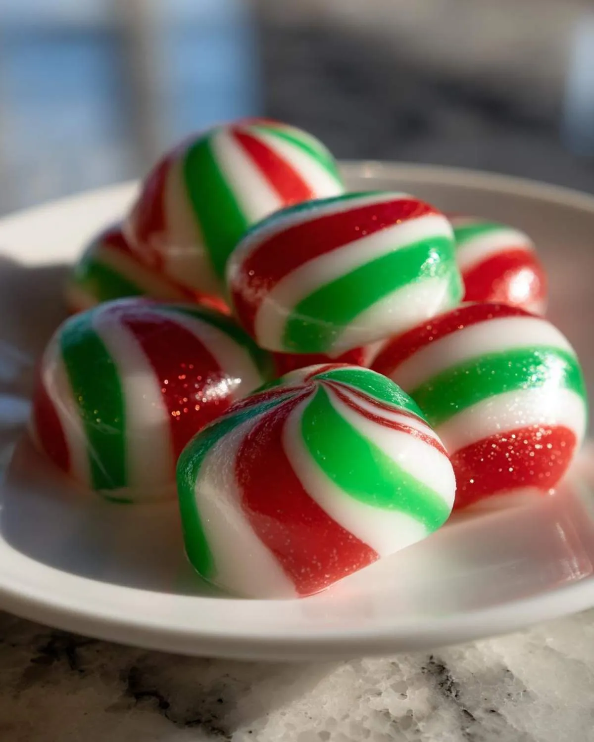 A pile of soft Christmas peppermints with red, white, and green stripes, some dusted with edible glitter.