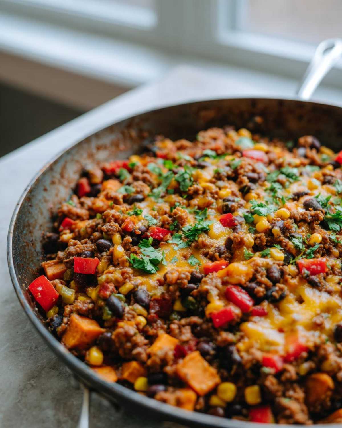 Close-up of a Southwest Turkey Sweet Potato Skillet with ground meat, black beans, corn, peppers, and melted cheese.